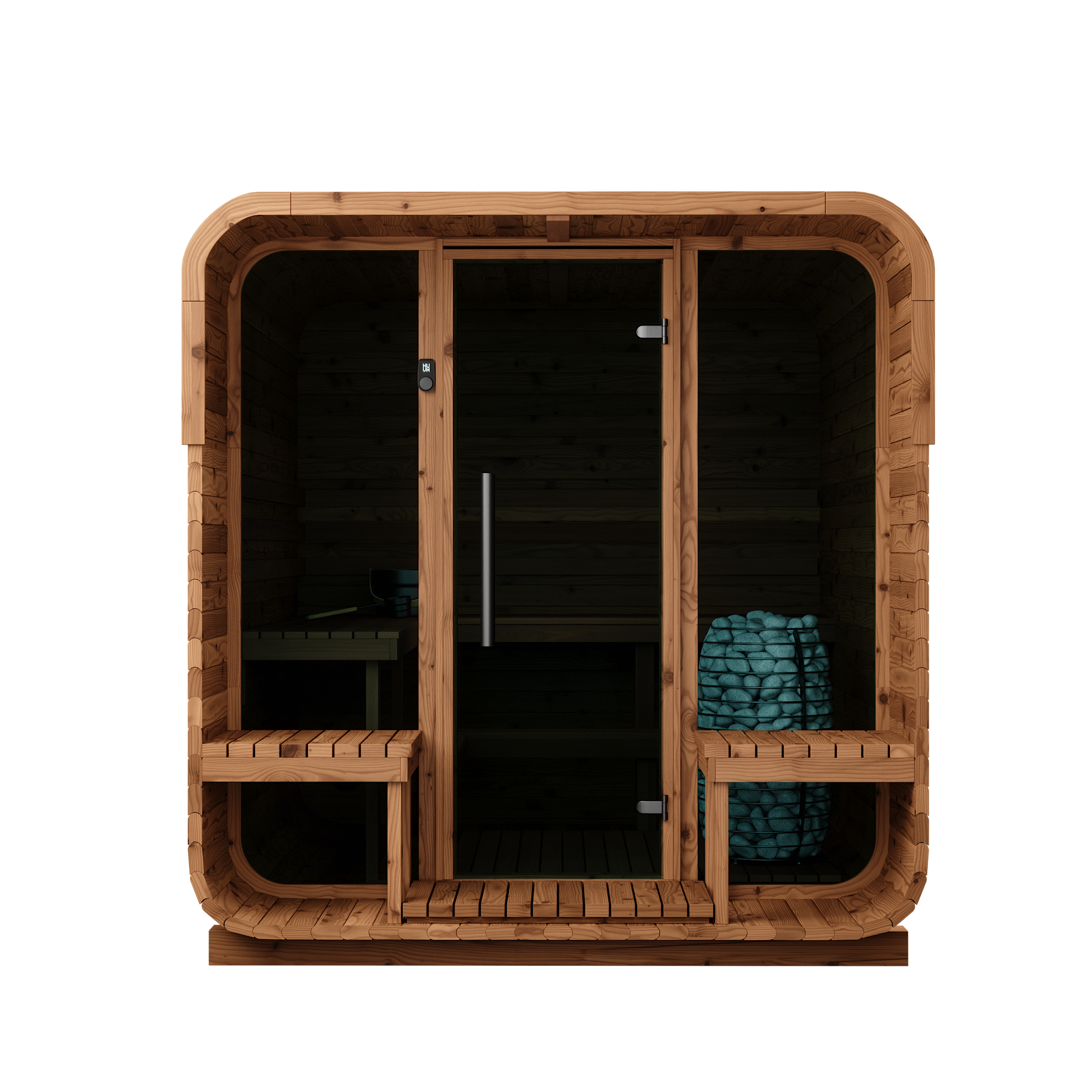 Thermory 6 Person Square Sauna No 41 DIY Kit with Terrace Thermally Modified Spruce Thermory Front_291dfded-1207-4aa2-8d31-08262e3be1c9.png